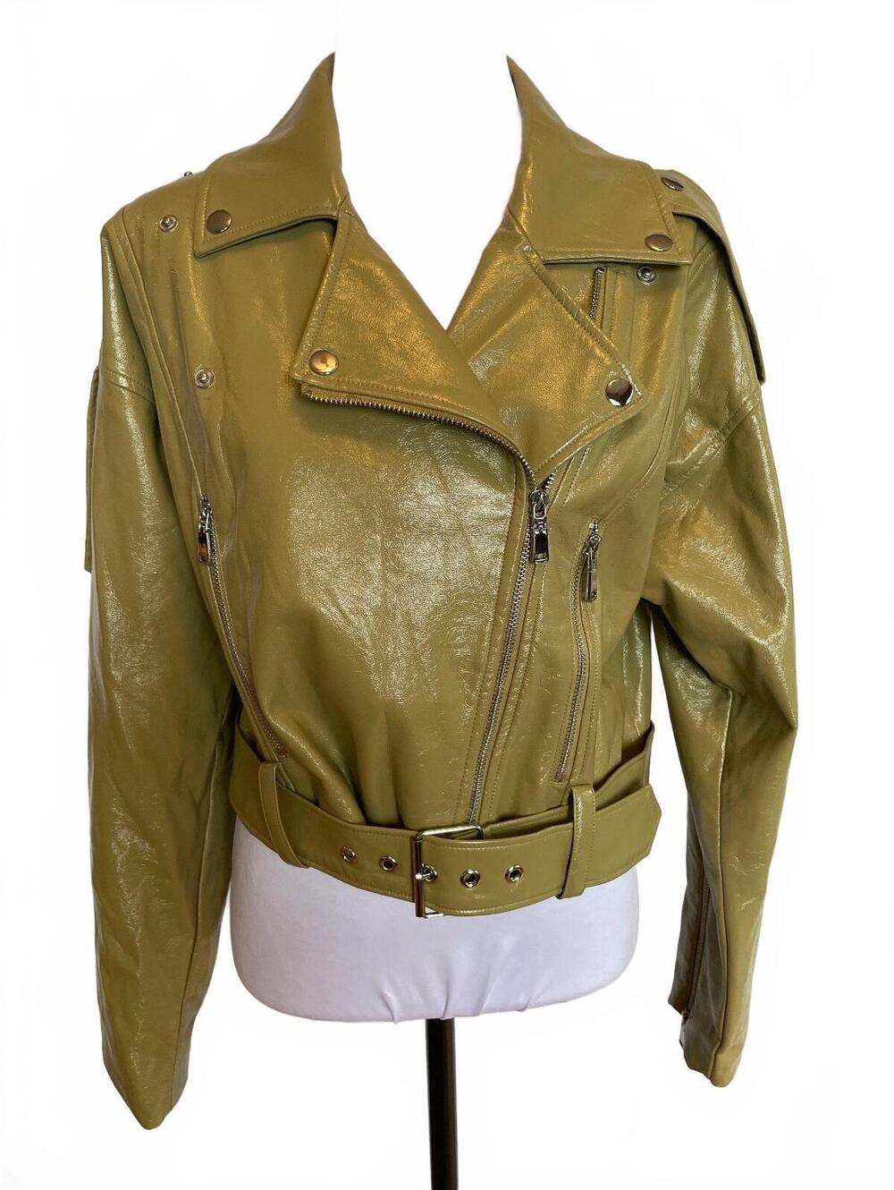 Danielle Bernstein Olive Cropped Faux Leather Moto Jacket Indie Sleaze Edgy M
